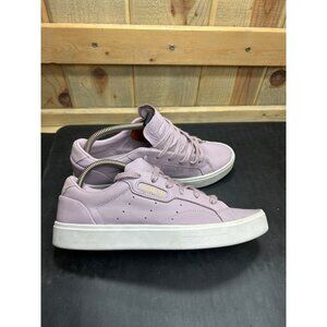 Adidas Womens Sleek Shoes Size 7.5 Lavender Leather Gold Logo Rubber Sole